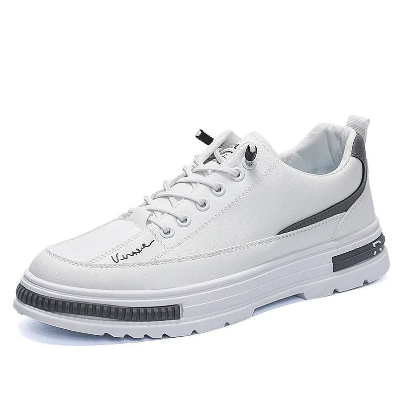 Men's white and black Korean style low-top platform sneakers with elastic band and round toe.