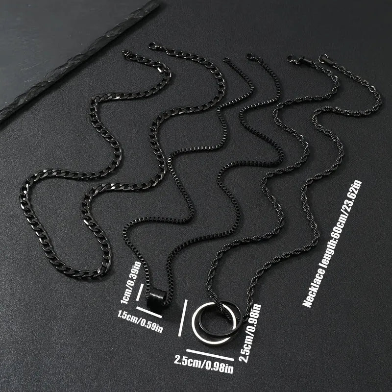 Men's black geometric necklace set with cylindrical titanium steel pendant and ring buckle details