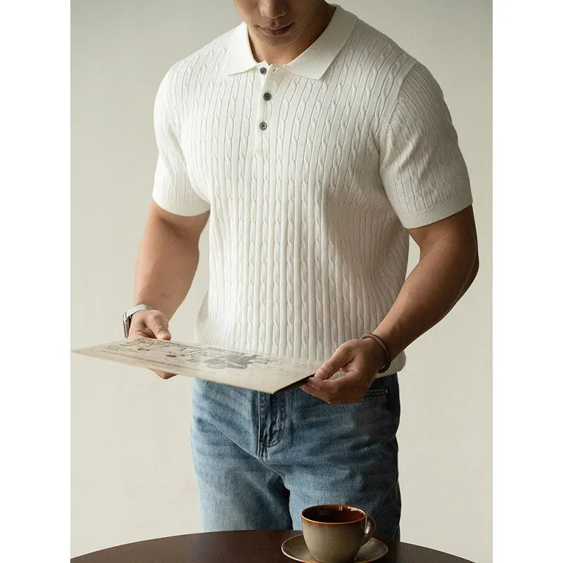 Man's short-sleeve business top in khaki, black, or white, featuring a mixed fabric blend for office wear.