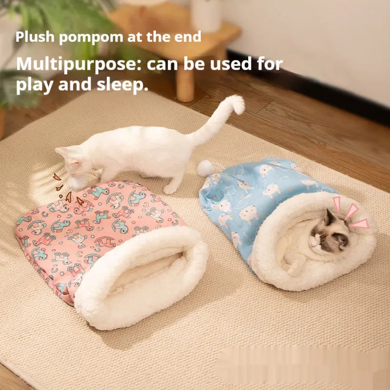 Soft flannel pet sleeping bag nest for cats, measuring 50 by 40 centimetres, in pink Trojan or blue rabbit design.