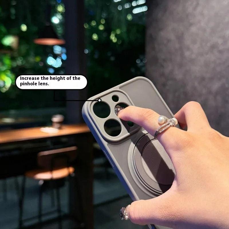 Transparent frosted magnetic suction pivot phone case for iPhone, shown in light purple colour.