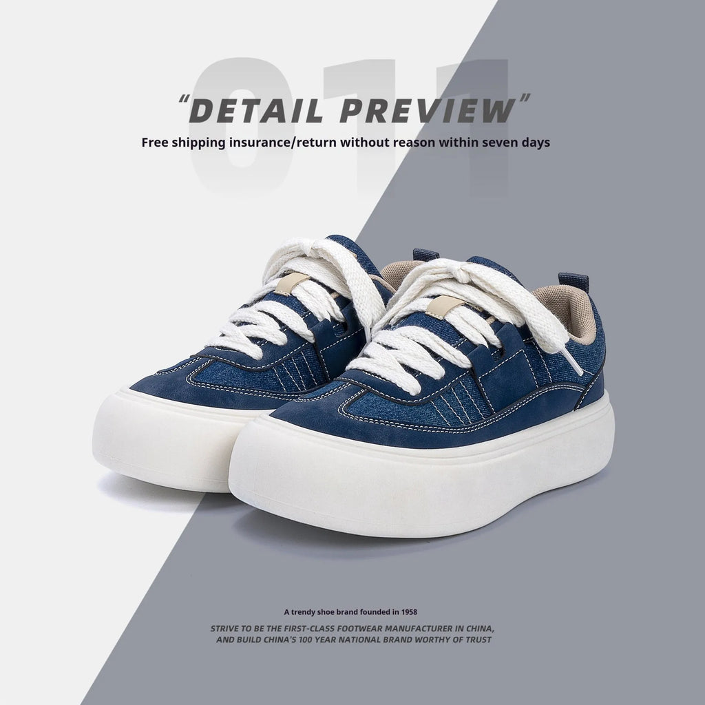 Men's low-top black canvas platform shoes with white raised sole and front lace-up.