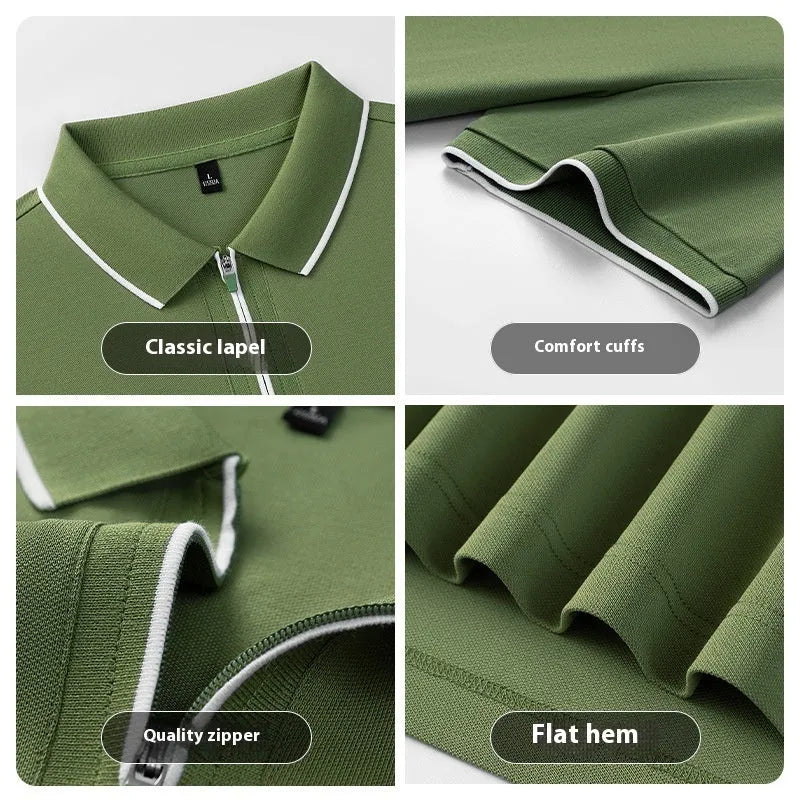 Men's solid colour polo shirt with a front zipper and short sleeves in beige apricot.