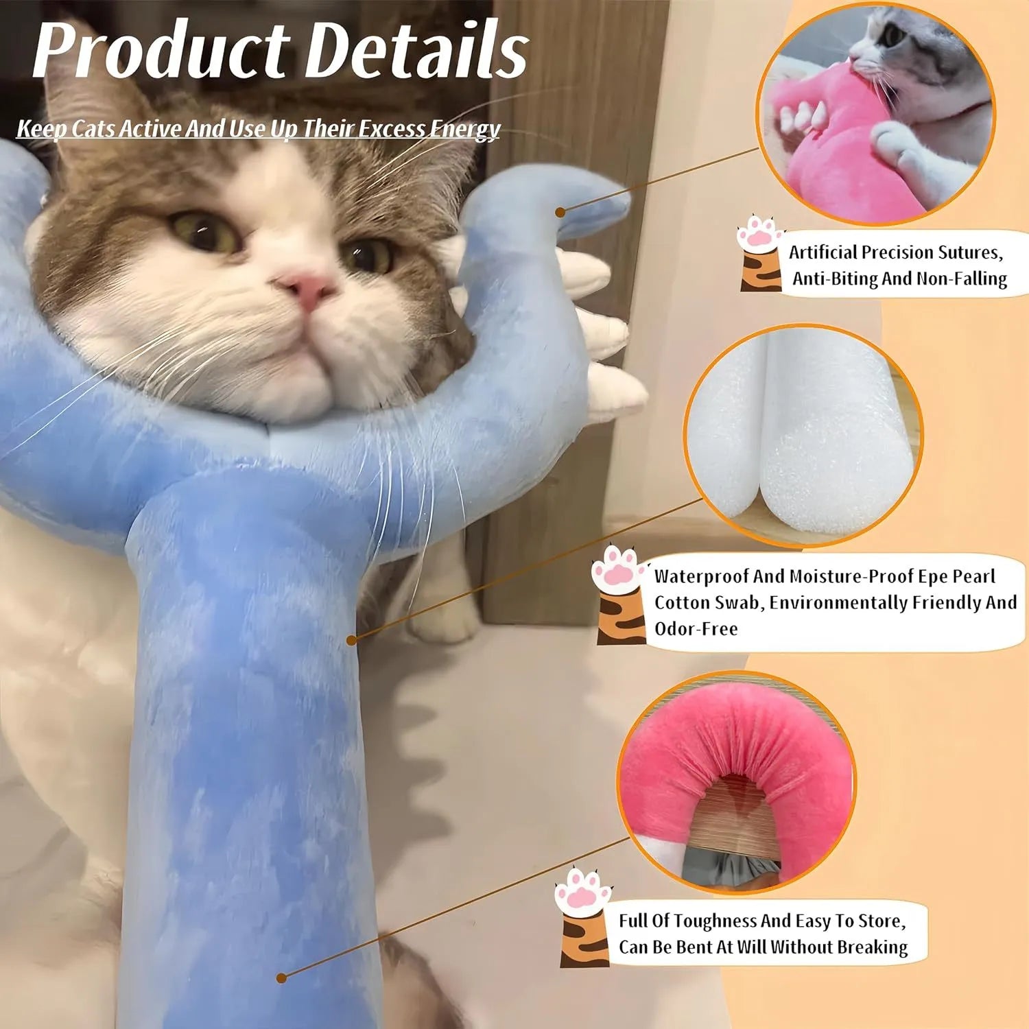 70cm blue plush cat wand toy with soft foam-filled head for interactive play