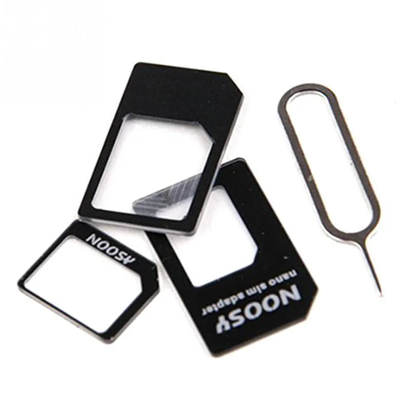 Three-piece SIM card kit showing nano, micro, and standard sizes in black and white colours.