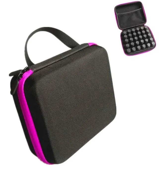Red EVA cube-shaped essential oil storage bag with 30 compartments and a zipper, shown wall-mounted.