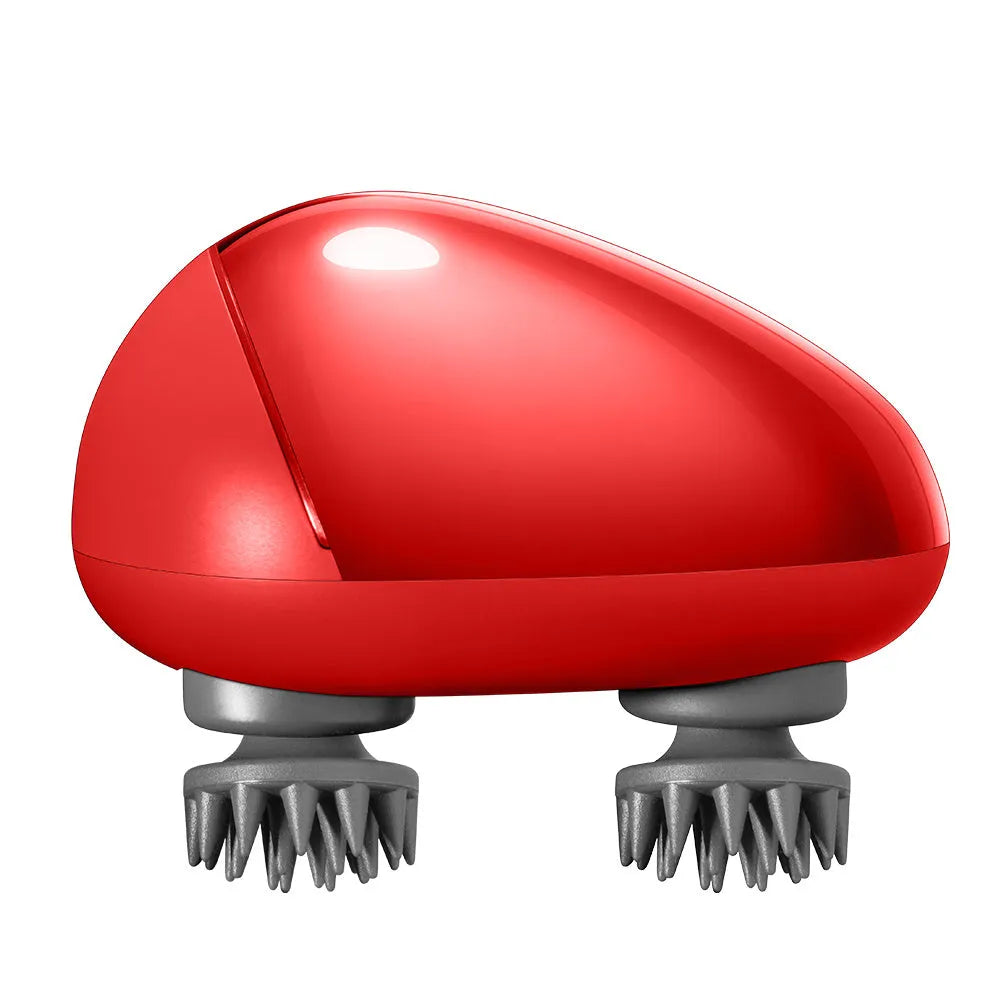 Red scalp massager with 9 nodes measuring 110mm x 120mm x 82mm