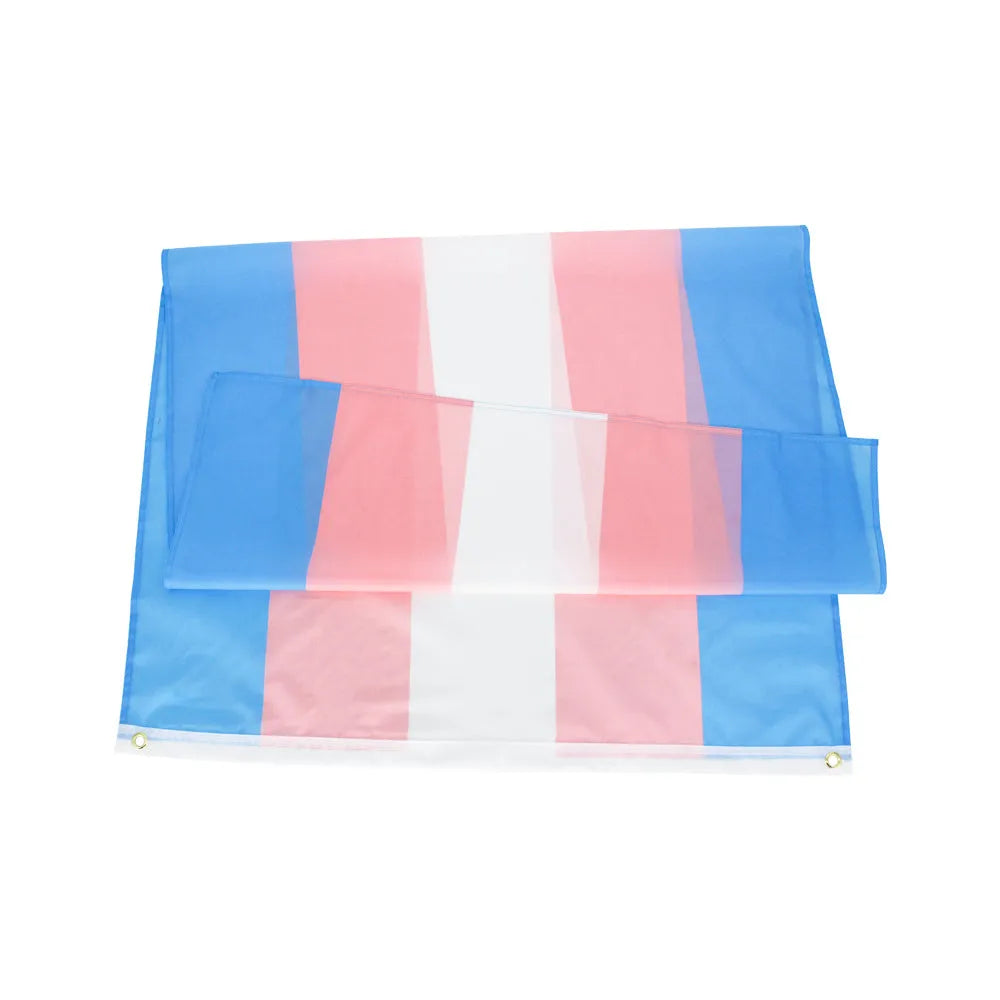 Transgender rainbow flag made of polyester fabric measuring 90x150cm displayed outdoors