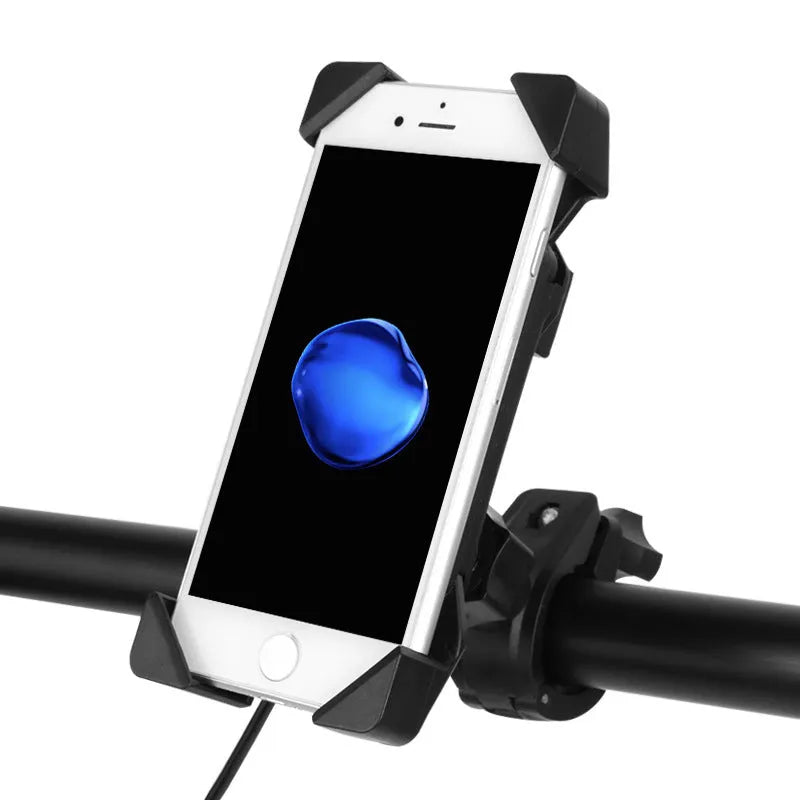 Black motorcycle phone holder mounted on handlebar with USB charging cable connected