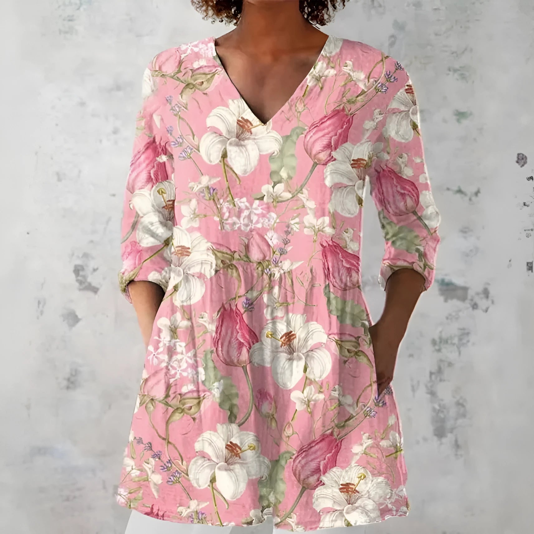 Women's retro-style slim fit long-sleeved top with a printed pattern, shown in a selected colour.
