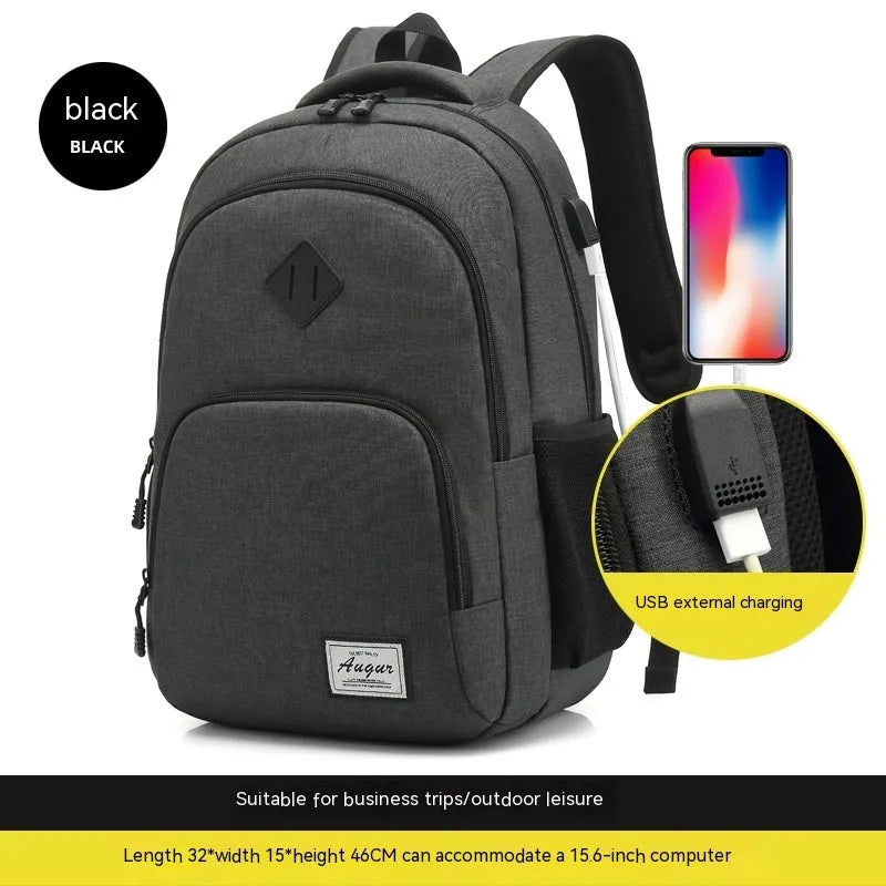 Lightweight laptop backpack with USB charging port in grey colour, showing dimensions and trolley case compatibility