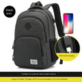 Lightweight laptop backpack with USB charging port in grey colour, showing dimensions and trolley case compatibility