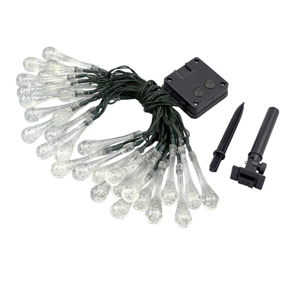 Solar-powered outdoor LED string lights with water drop pendants on 6.5m cable