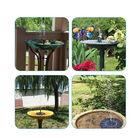 Black solar panel fountain pump with four nozzle heads for garden birdbaths and ponds.