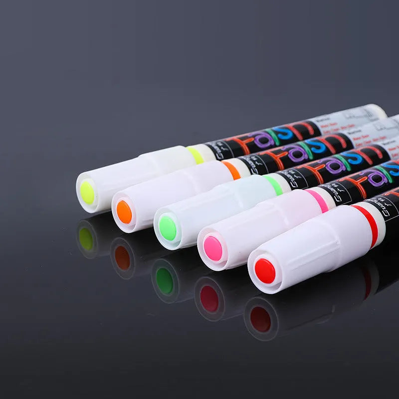 6mm electronic fluorescent board highlighter with oblique pen shape and plastic body, shown in an 8-colour or 12-colour set.