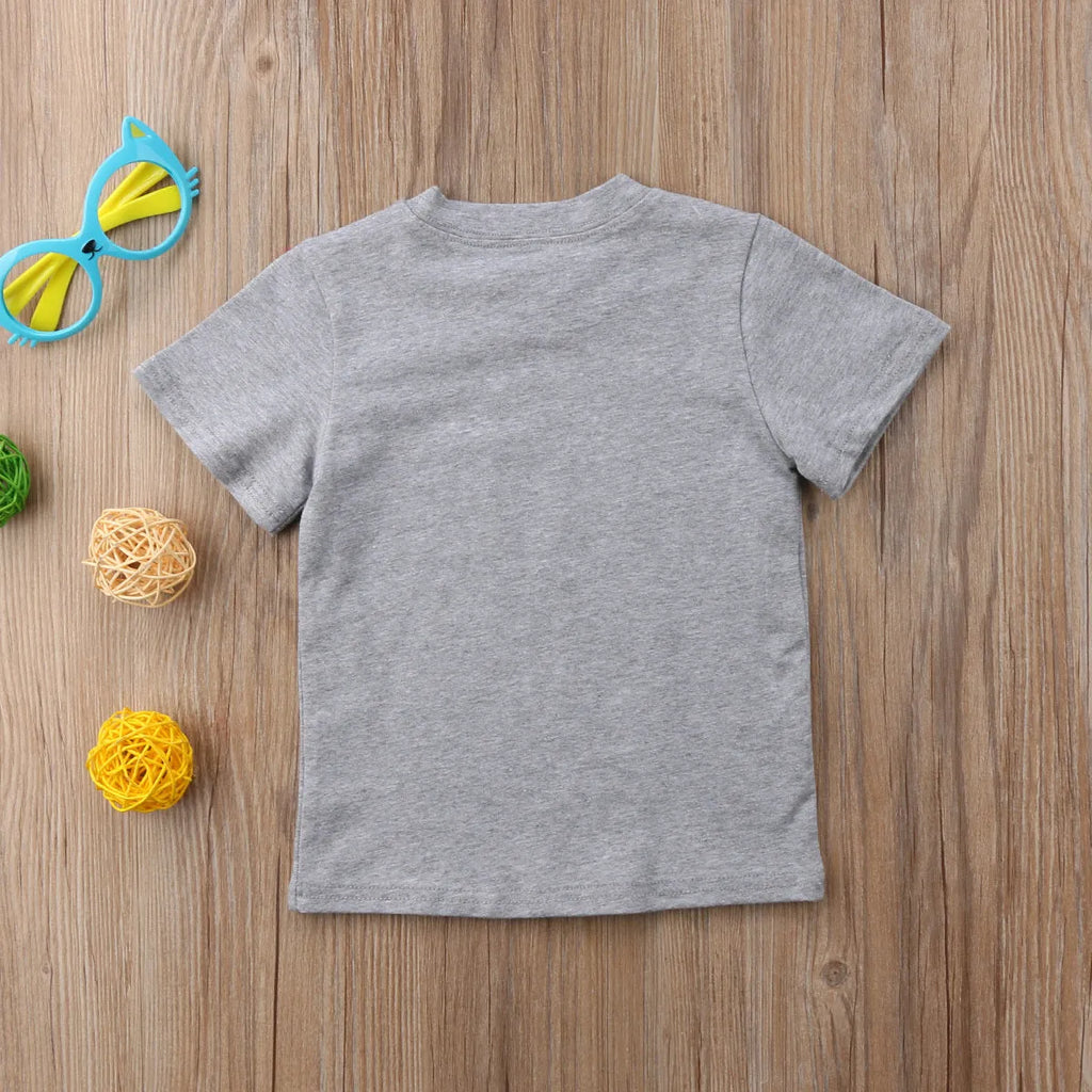 Grey children's cotton t-shirt with brother, sister, or little brother text print.