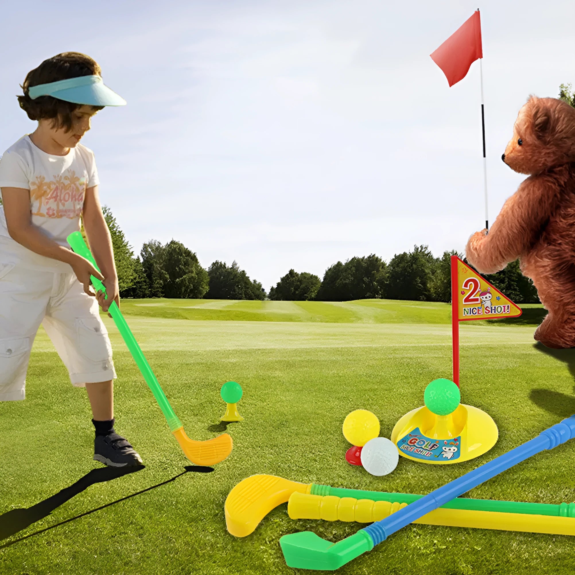 Children's golf set with three clubs, three balls, hole, flag, and tees on grass