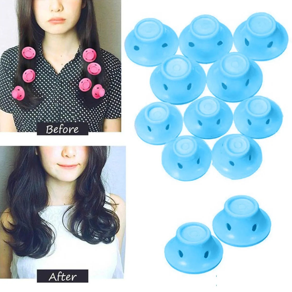 Soft silicone hair curlers in large 5.0cm and small 3.9cm sizes, ten-piece no-heat styling set