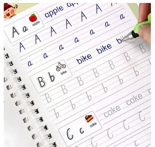 Hard cover magic practice writing book set with cartoon design, pen, and refills for reusable handwriting practice.
