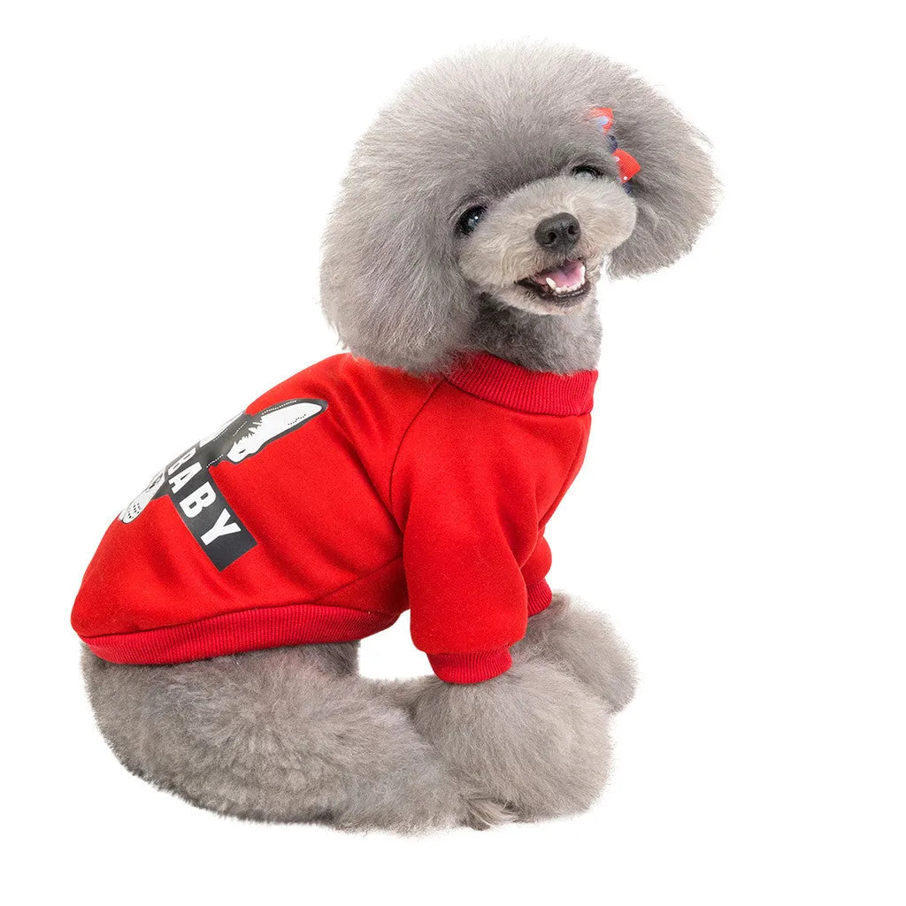 Cartoon fashion cotton dog sweater in pink, showing playful print and knit texture for small pets