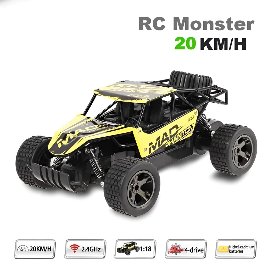 Blue and yellow 1:18 scale high-speed RC drift car with 2.4GHz remote control on an off-road surface