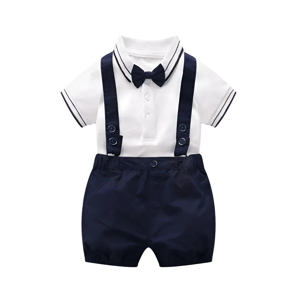 Baby gentleman's short sleeve bodysuit in neutral colour for spring summer with trimmed threads