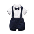 Baby gentleman's short sleeve bodysuit in neutral colour for spring summer with trimmed threads