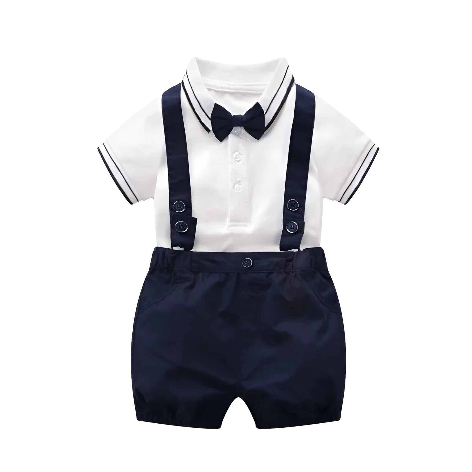 Baby gentleman's short sleeve bodysuit in neutral colour for spring summer with trimmed threads