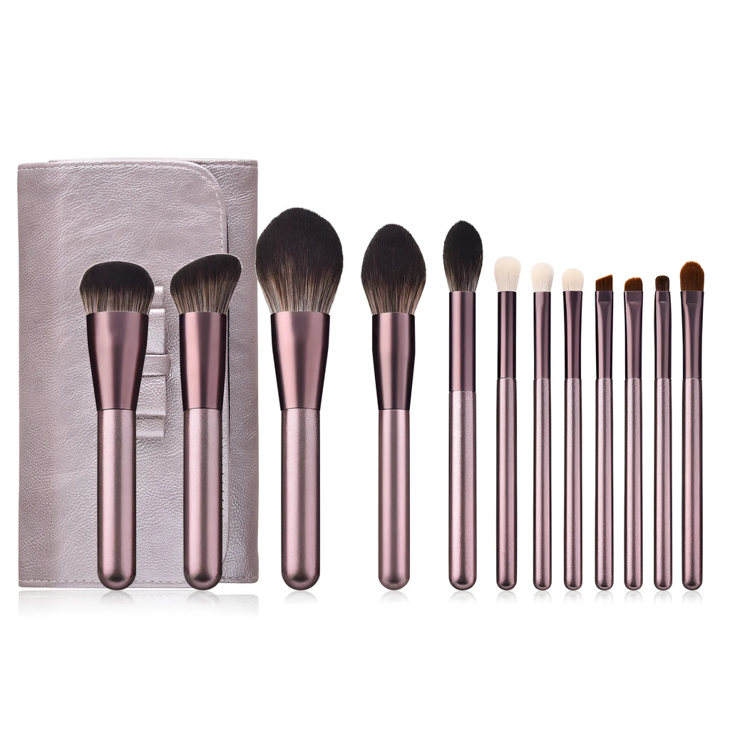12 piece makeup brushes set with nylon bristles and wooden handles in a small grape beauty design