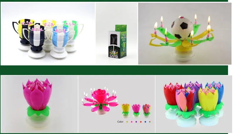 Set of eight musical lotus candles in lotus flower shape, 11cm diameter, available in yellow, rose red, purple, blue, red