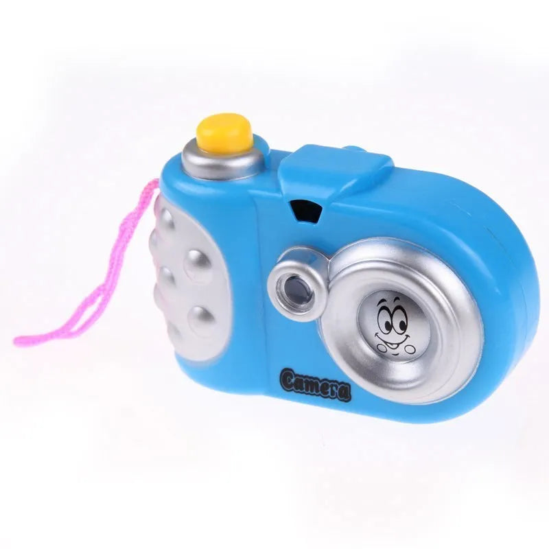 Children's plastic projection camera toy showing animal images with interactive sliding lip mechanism