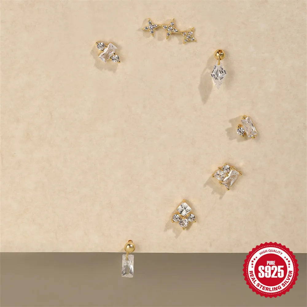 S925 sterling silver square gravel stud earrings with flower design in golden colour options