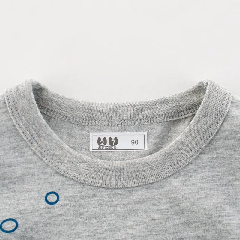 Grey cotton children's T-shirt showing size chart with chest measurements 55-74cm