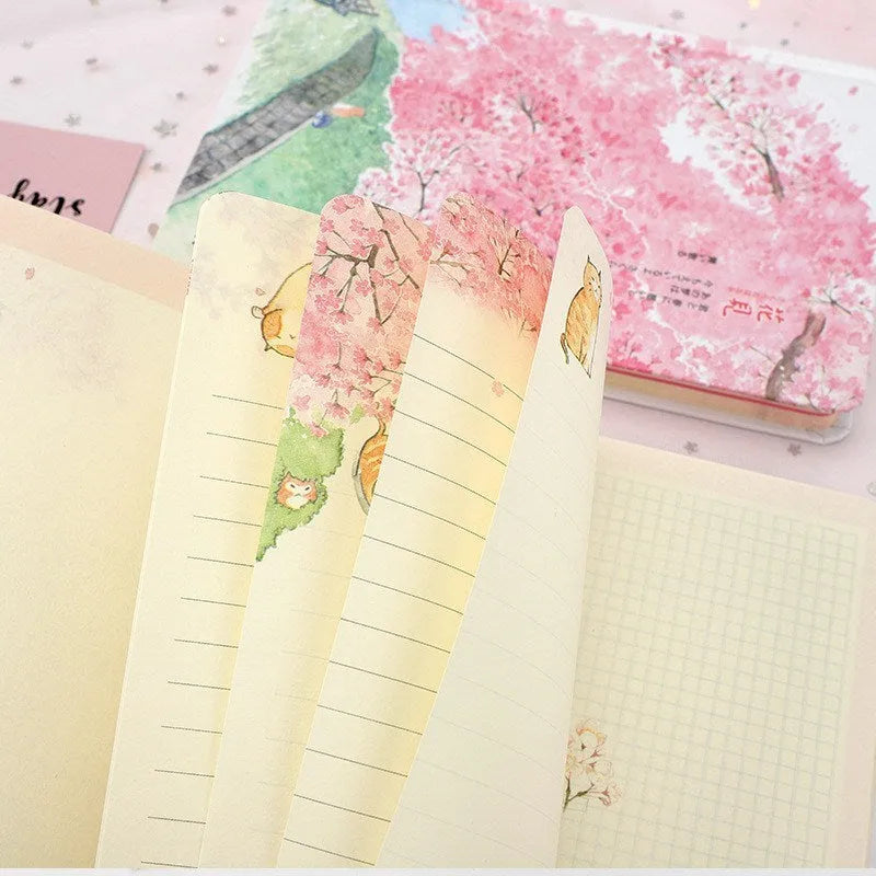 Notebook with paper cover and thread binding, 240 blank pages, 14cm x 21cm, shown open with smooth writing possible
