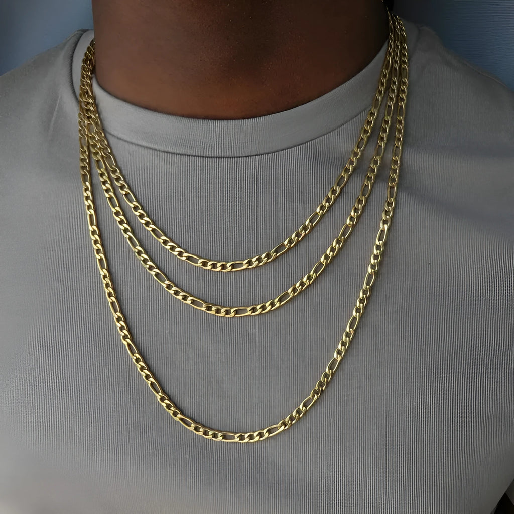Men's alloy geometric necklace in gold finish, 50cm length, on a flat surface