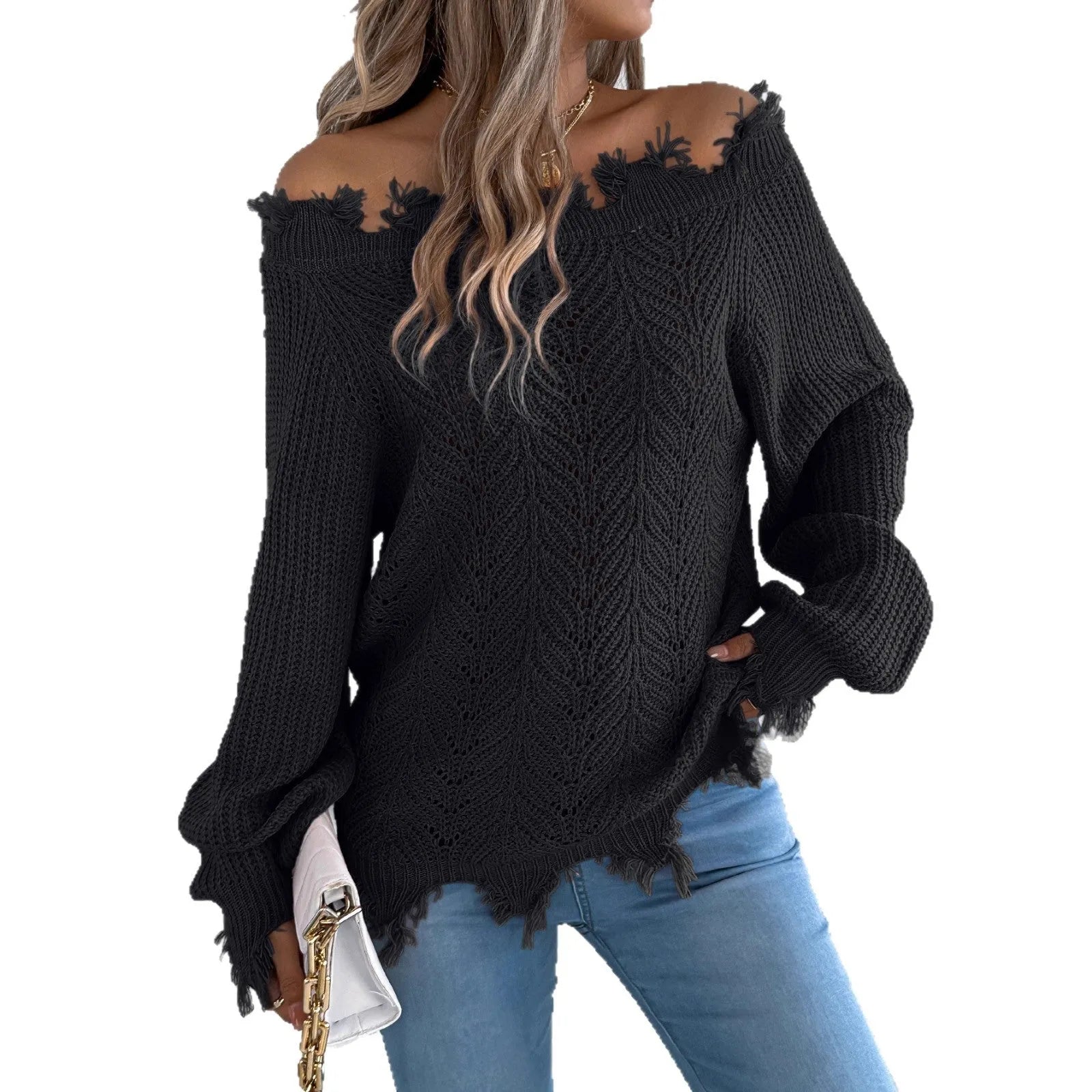 Hollow-out long-sleeved off-the-shoulder pullover sweater in artificial wool acrylic fibre available in black, orange, and white colours