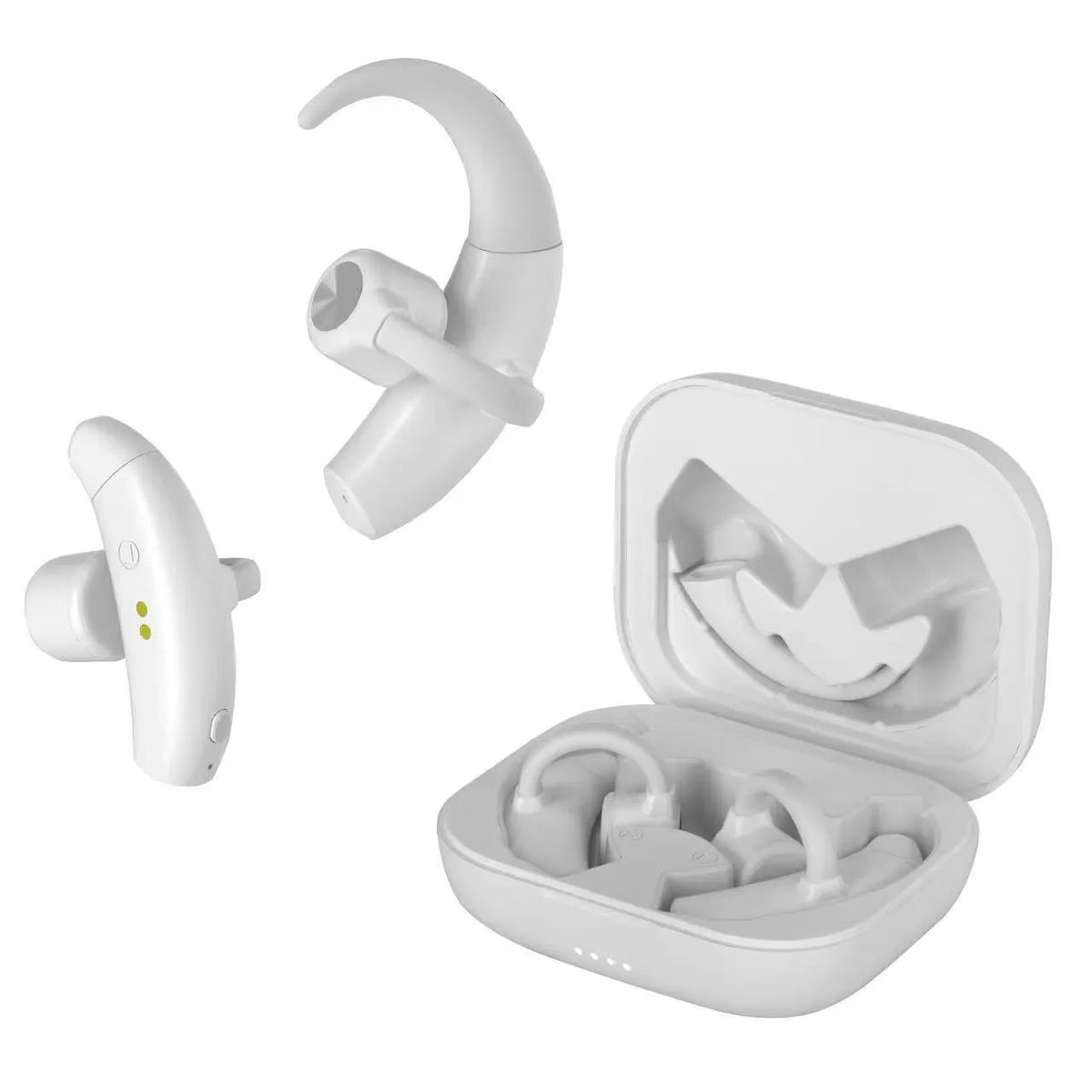 Black bone conduction Bluetooth headphones with charging compartment, external not in-ear open ear design