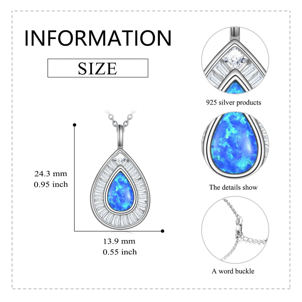 Sterling silver blue opal teardrop necklace with Austrian crystal on white gold plated chain