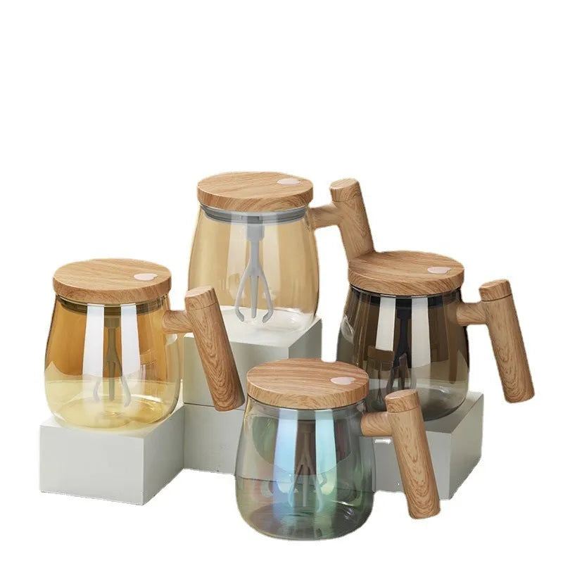 Clear borosilicate glass self-stirring coffee mug with automatic mixing function and 400ml capacity
