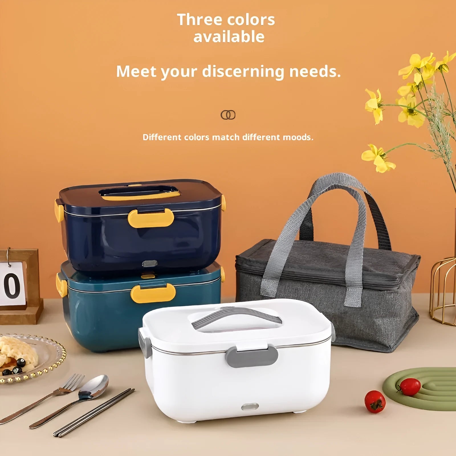 Electric lunch box in oval dark blue with 304 stainless steel inner container and spork box