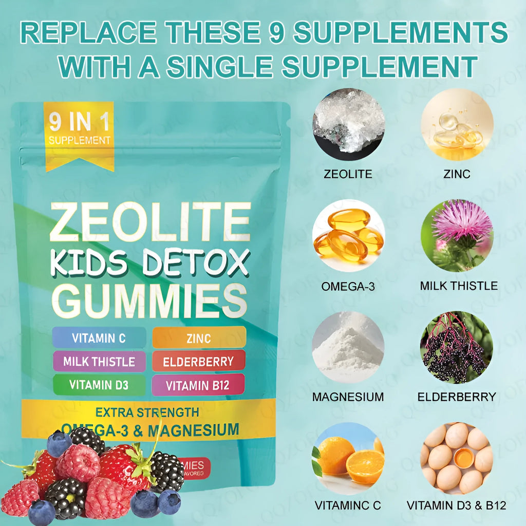Bottle of Zeolite Gummy Kids Detox Gummies 60 count with natural mixed berry flavour