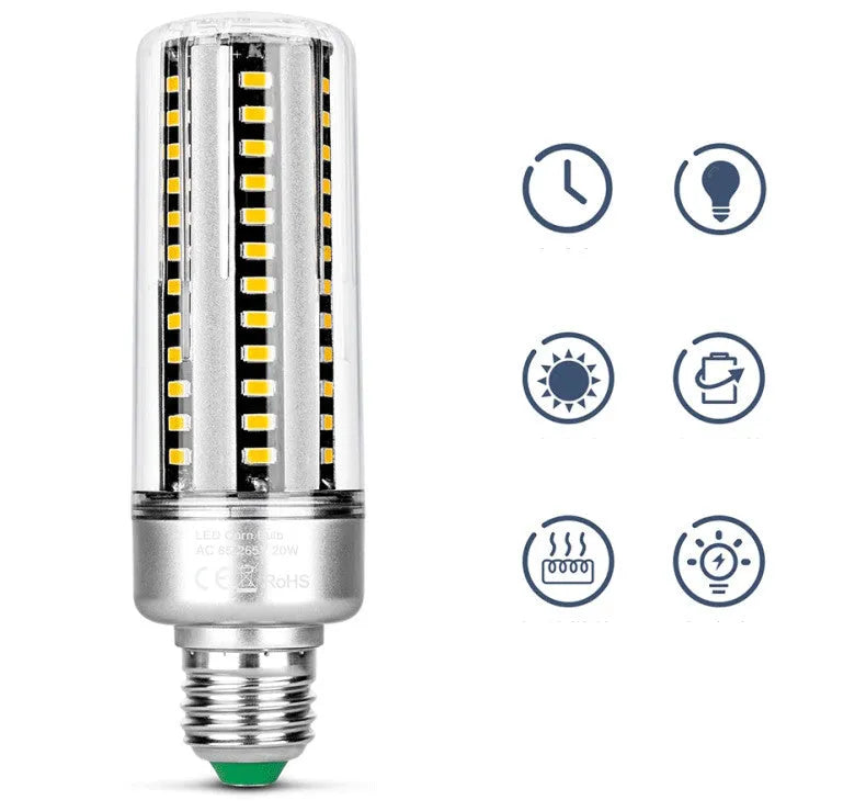 Silver aluminium LED corn lamp light bulb with E27 bayonet cap.