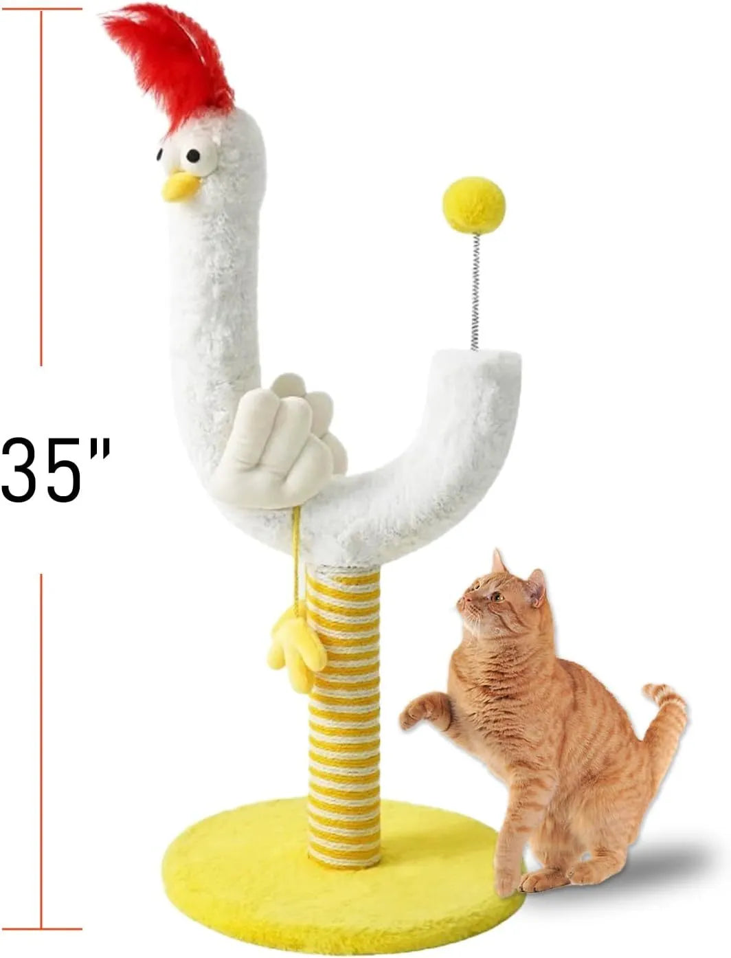 Tall sisal rope vertical cat scratching post with U-shaped design, spring ball, and chicken strip climbing feature.
