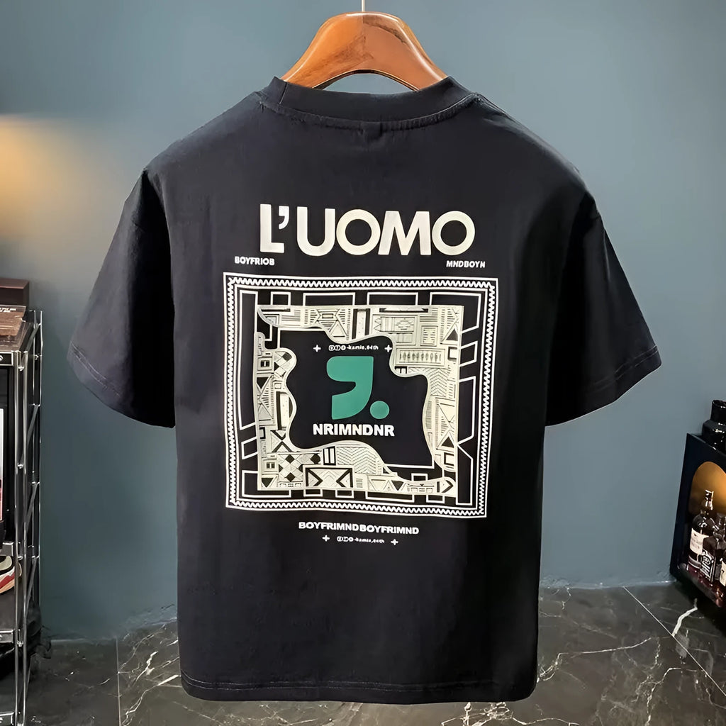 Men's milk silk loose half sleeve t-shirt with bold letter print in black, front view