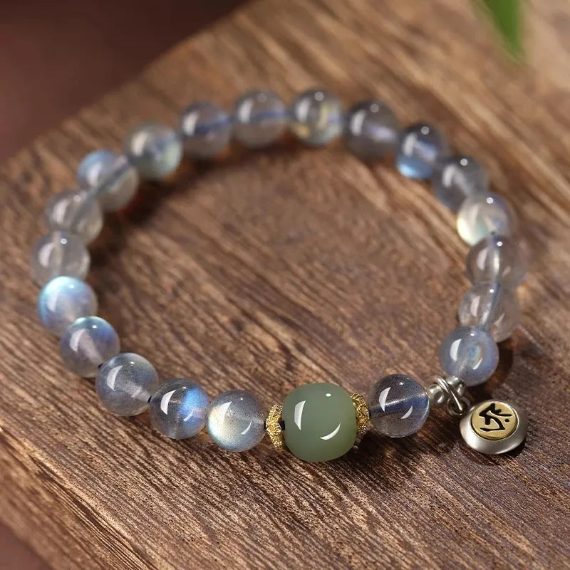 Moonstone women's bracelet with 8mm beads showing Thousand-Hand Kwan-yin mouse zodiac design and electroplated metallic finish