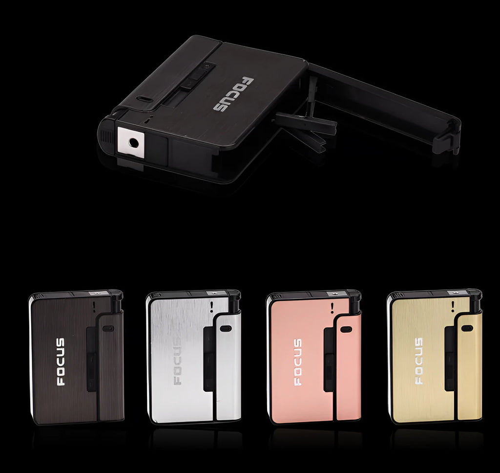 Aluminium alloy automatic cigarette case holding 8 cigarettes with one-button mechanism and lighter insert