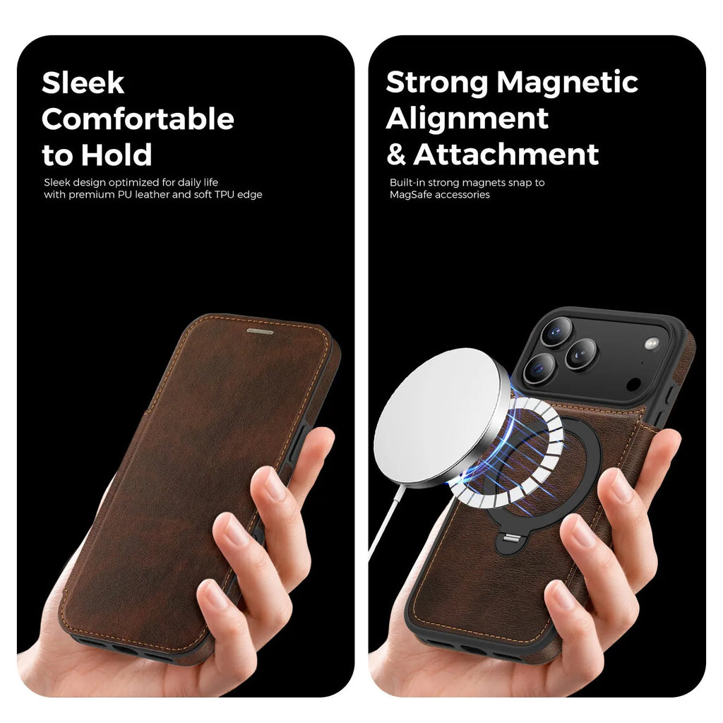 Magnetic bracket PC leather flip phone case for iPhone 16 in black with stand