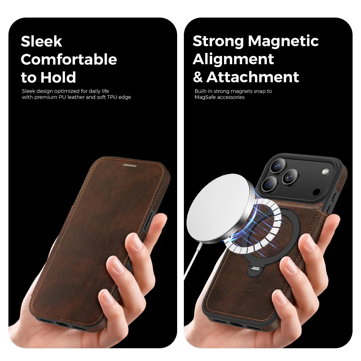 Magnetic bracket PC leather flip phone case for iPhone 16 in black with stand