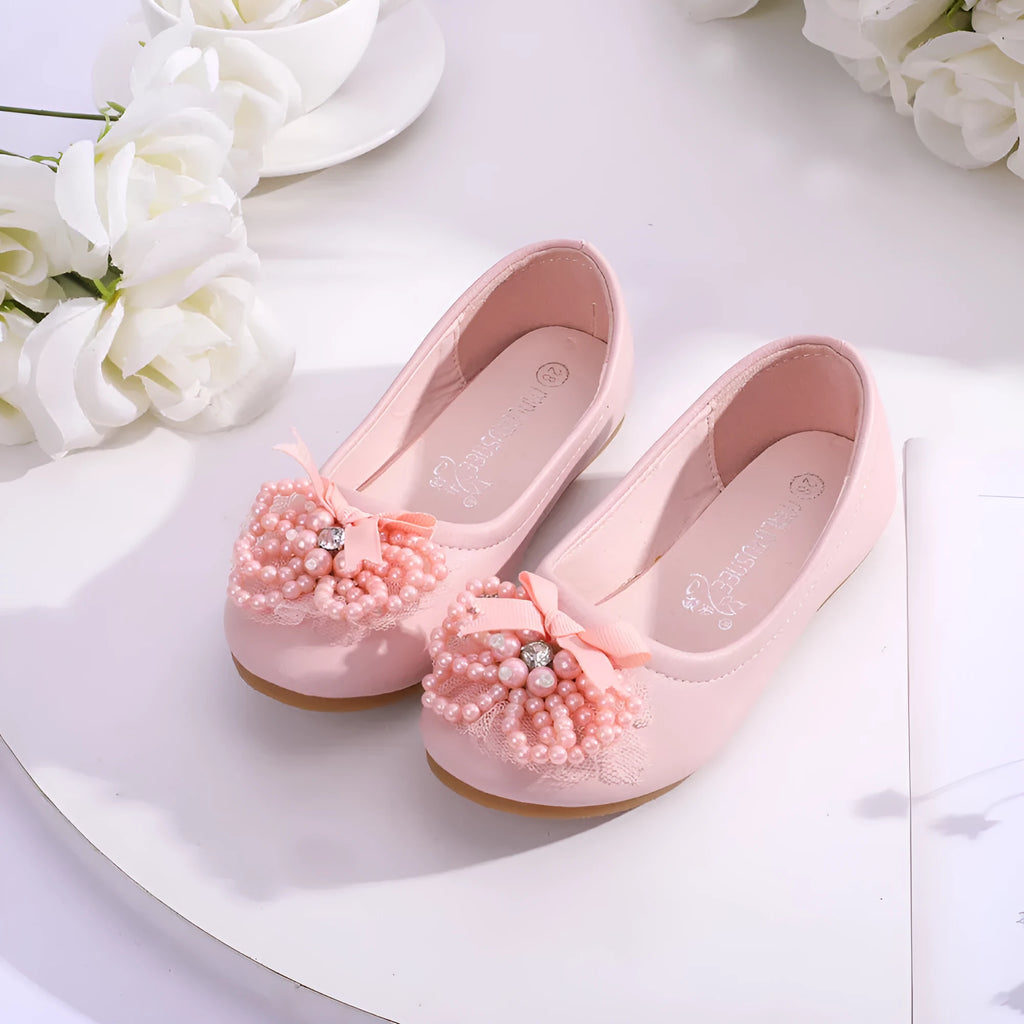 Korean rhinestone princess square mouth shoes for children, PU leather upper, flat heel, beige and pink