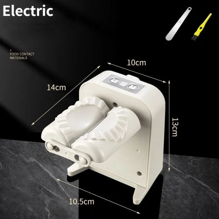 White electric dumpling maker machine with USB charging cable and accessories on kitchen counter